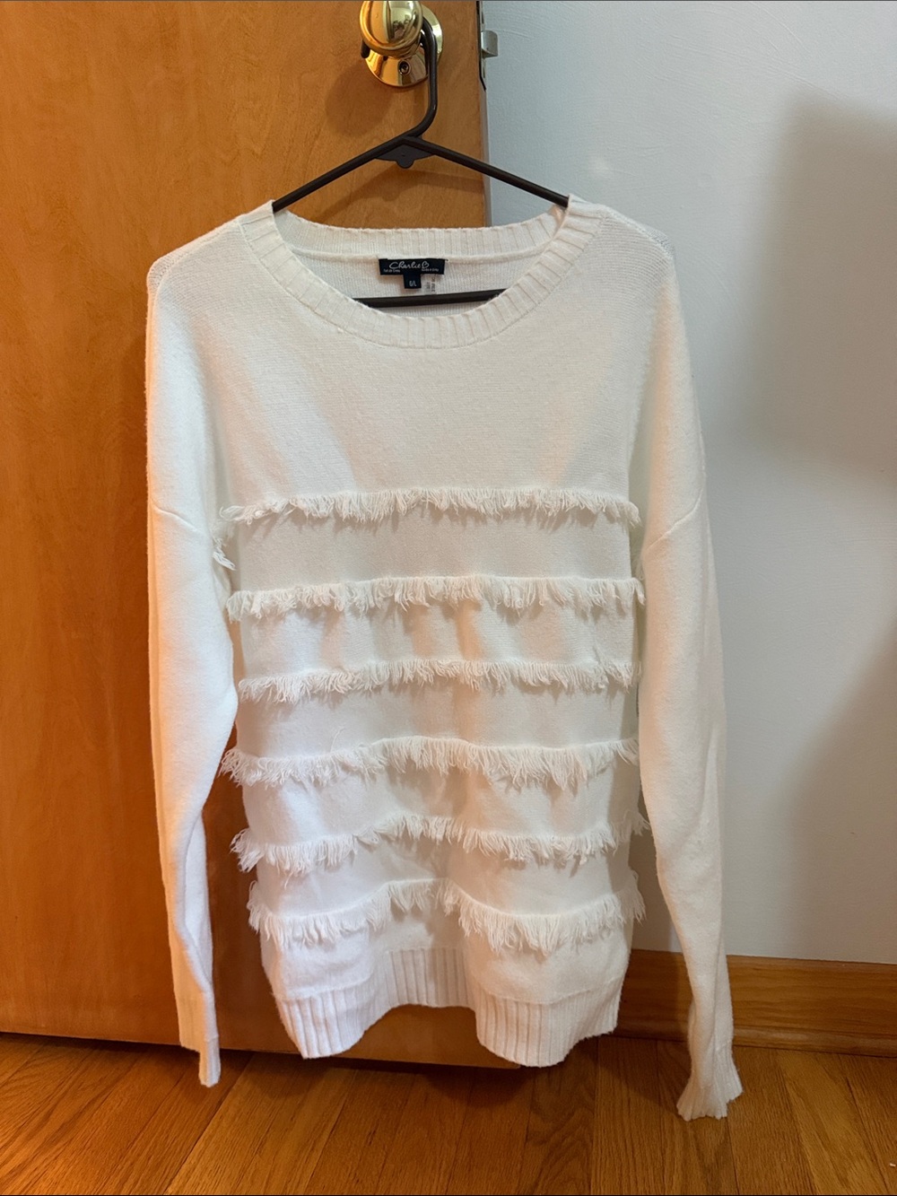 Charlie B Cream Fringe Stripe Crewneck Sweater